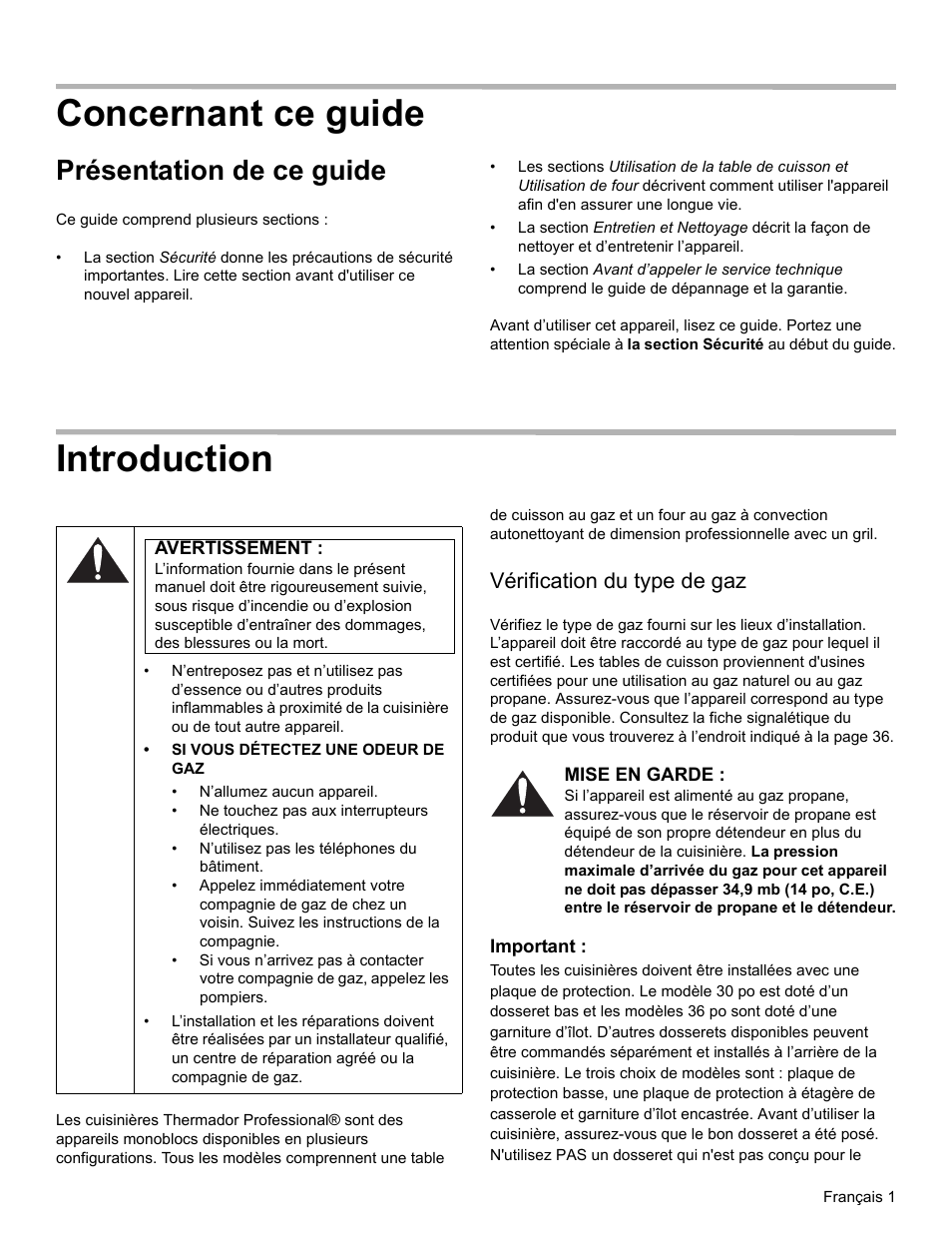 Concernant ce guide, Présentation de ce guide, Introduction | Avertissement, Vérification du type de gaz, Mise en garde, Important | Thermador PRO-HARMONY PRL30 User Manual | Page 39 / 116