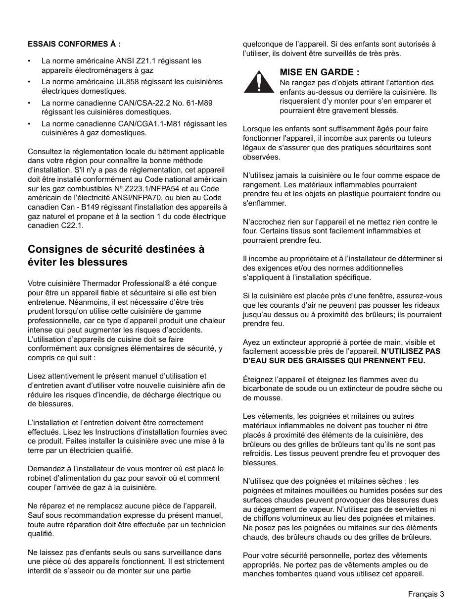 Essais conformes à, Mise en garde | Thermador PRO-HARMONY PRL30 User Manual | Page 41 / 116