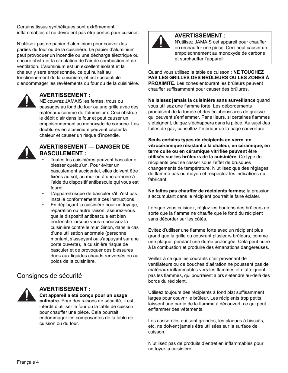 Avertissement, Avertissement — danger de basculement, Consignes de sécurité | Thermador PRO-HARMONY PRL30 User Manual | Page 42 / 116