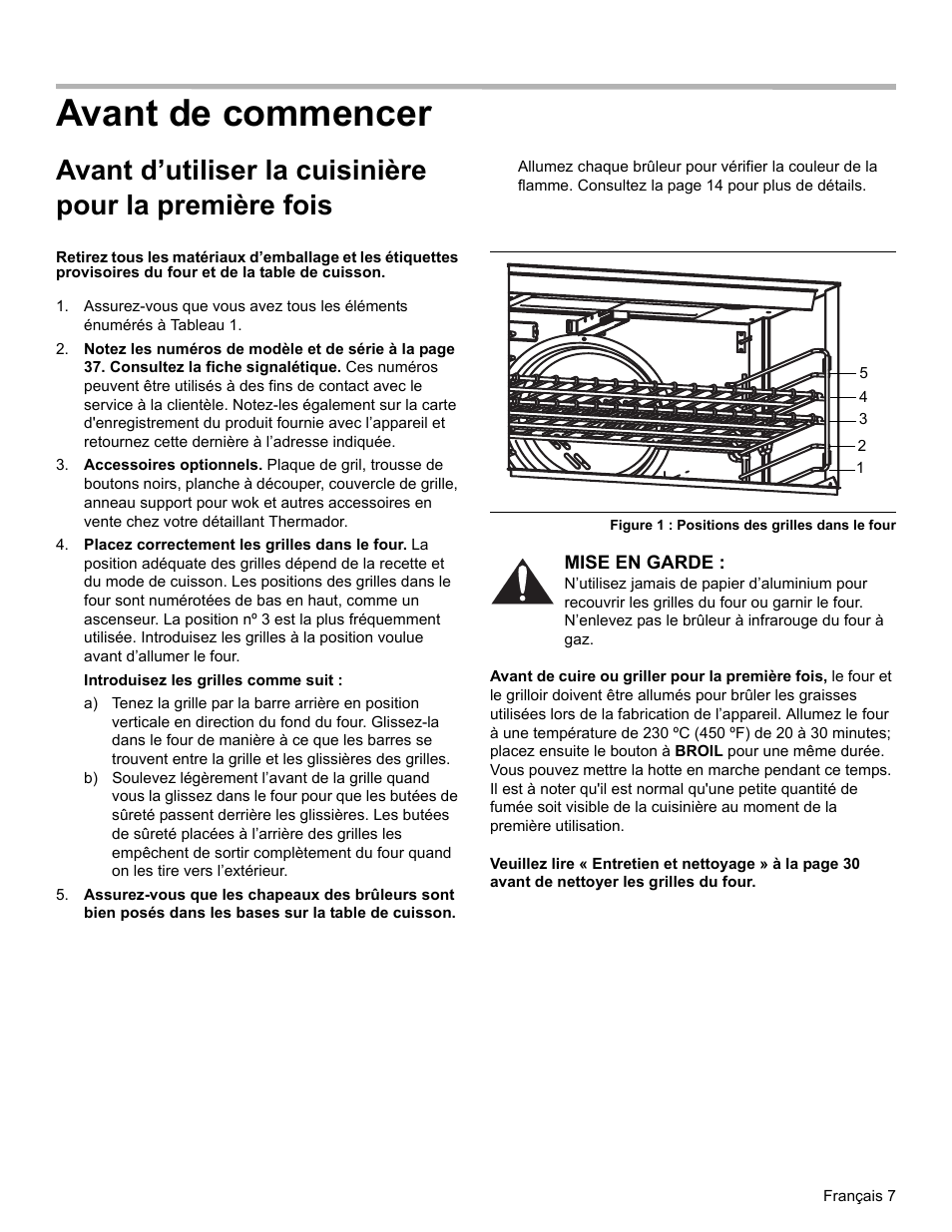 Avant de commencer, Figure 1 : positions des grilles dans le four, Mise en garde | Thermador PRO-HARMONY PRL30 User Manual | Page 45 / 116