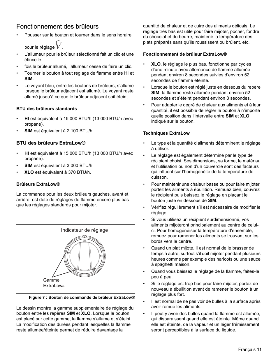 Fonctionnement des brûleurs, Btu des brûleurs standards, Btu des brûleurs extralow | Brûleurs extralow, Figure 7 : bouton de commande de brûleur extralow, Fonctionnement de brûleur extralow, Techniques extralow | Thermador PRO-HARMONY PRL30 User Manual | Page 49 / 116