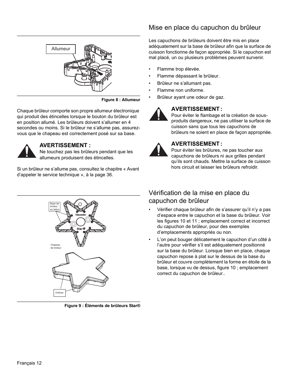 Figure 8 : allumeur, Avertissement, Figure 9 : éléments de brûleurs star | Mise en place du capuchon du brûleur | Thermador PRO-HARMONY PRL30 User Manual | Page 50 / 116