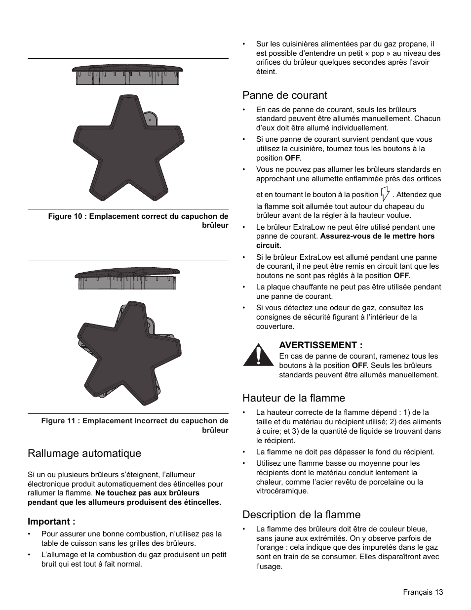 Rallumage automatique, Important, Panne de courant | Avertissement, Hauteur de la flamme, Description de la flamme | Thermador PRO-HARMONY PRL30 User Manual | Page 51 / 116