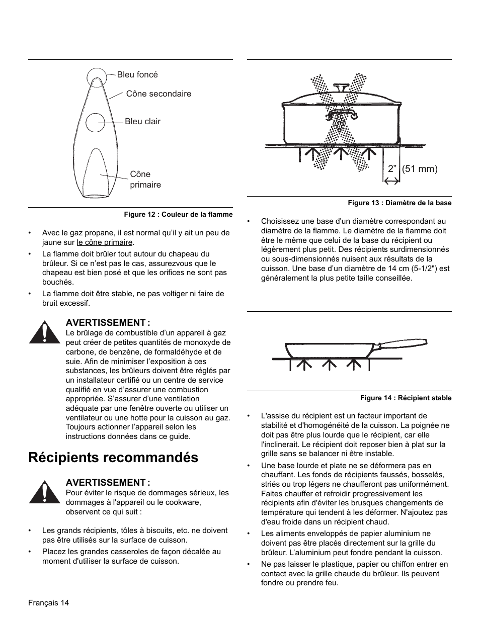 Figure 12 : couleur de la flamme, Avertissement, Récipients recommandés | Figure 13 : diamètre de la base, Figure 14 : récipient stable | Thermador PRO-HARMONY PRL30 User Manual | Page 52 / 116