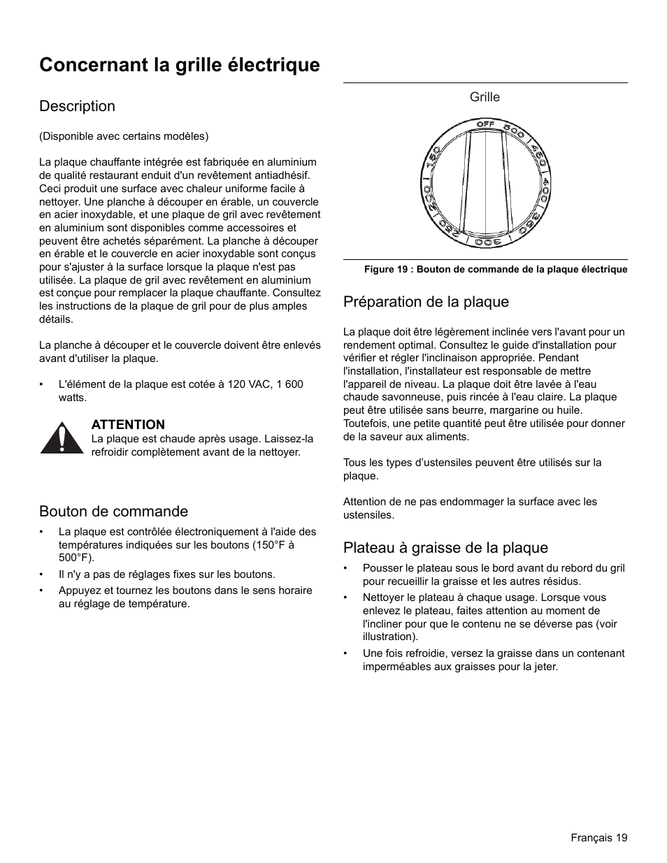 Concernant la grille électrique, Description, Attention | Bouton de commande, Préparation de la plaque, Plateau à graisse de la plaque | Thermador PRO-HARMONY PRL30 User Manual | Page 57 / 116