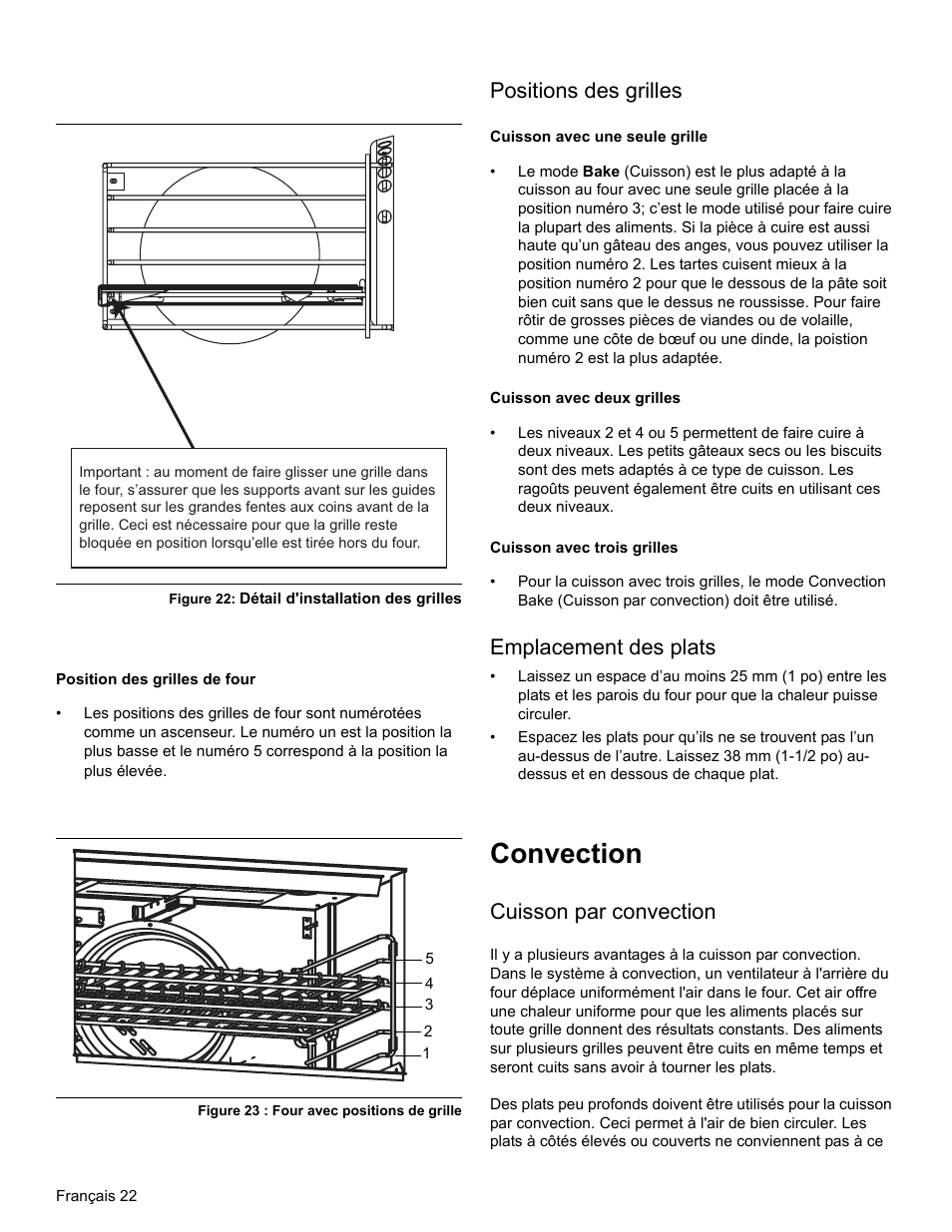 Figure 22: détail d'installation des grilles, Position des grilles de four, Figure 23 : four avec positions de grille | Positions des grilles, Cuisson avec une seule grille, Cuisson avec deux grilles, Cuisson avec trois grilles, Emplacement des plats, Convection, Cuisson par convection | Thermador PRO-HARMONY PRL30 User Manual | Page 60 / 116