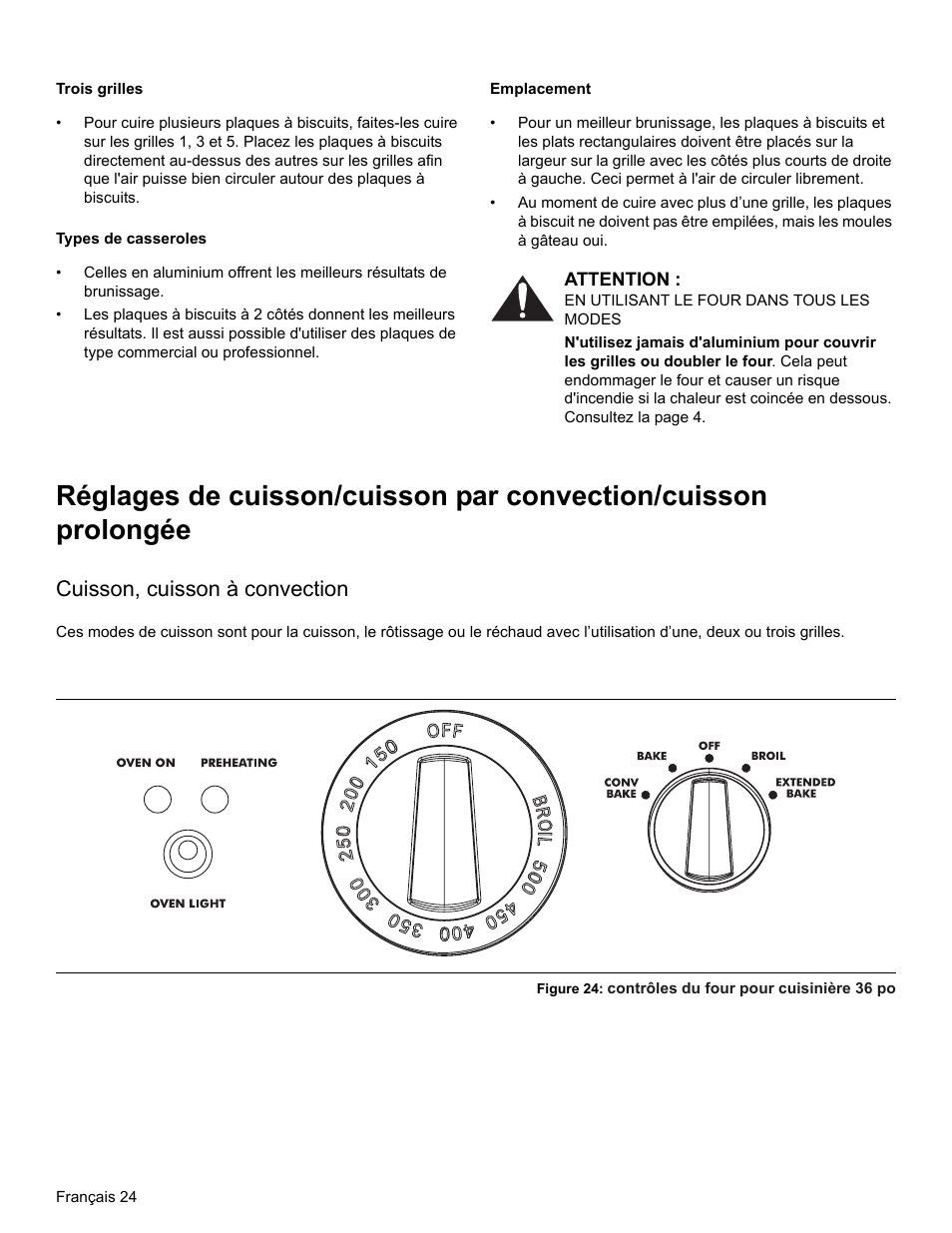 Trois grilles, Types de casseroles, Emplacement | Attention, Cuisson, cuisson à convection, Figure 24: contrôles du four pour cuisinière 36 po | Thermador PRO-HARMONY PRL30 User Manual | Page 62 / 116