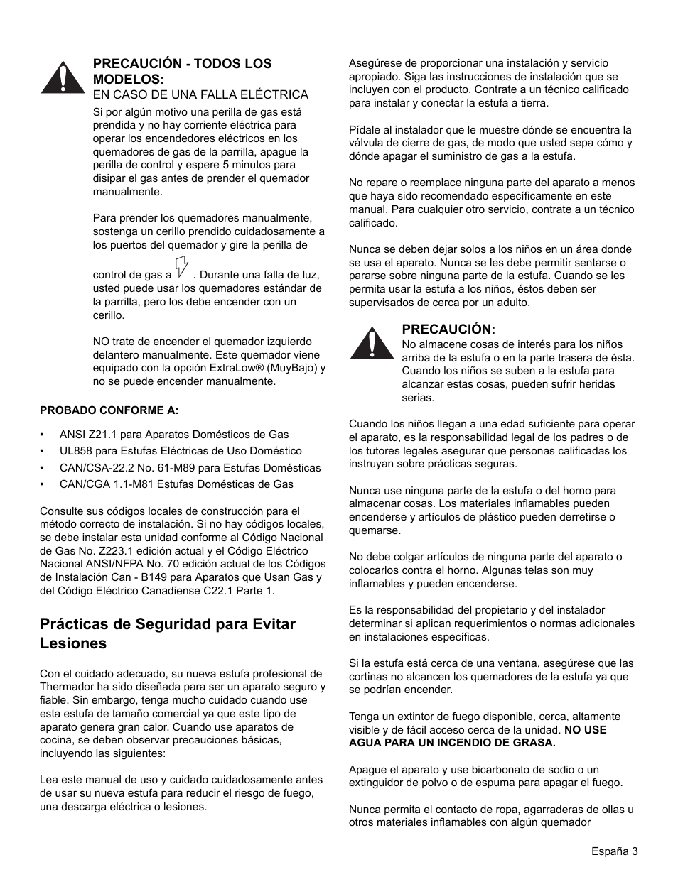 Precaución - todos los modelos, Probado conforme a, Prácticas de seguridad para evitar lesiones | Precaución | Thermador PRO-HARMONY PRL30 User Manual | Page 81 / 116