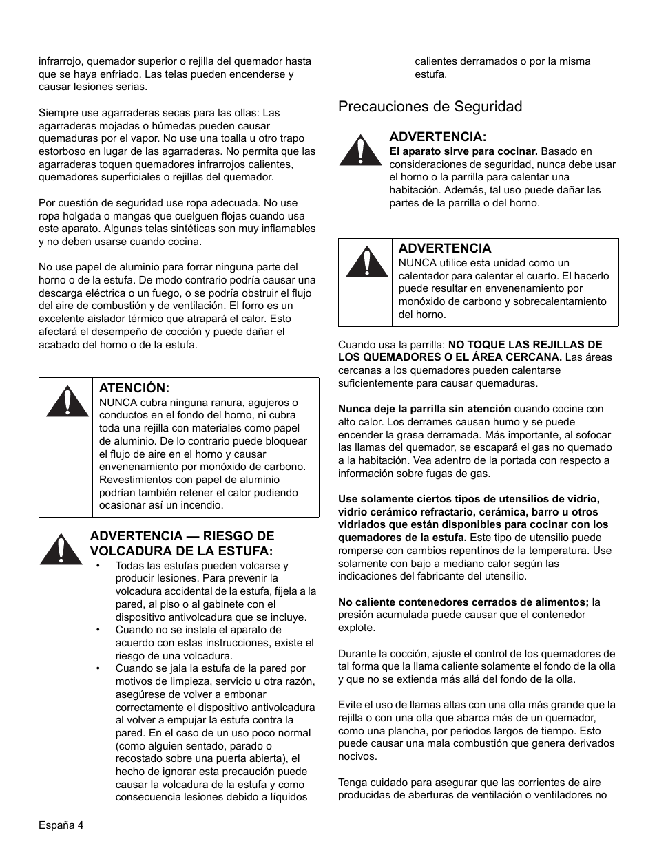 Atención, Advertencia — riesgo de volcadura de la estufa, Precauciones de seguridad | Advertencia | Thermador PRO-HARMONY PRL30 User Manual | Page 82 / 116