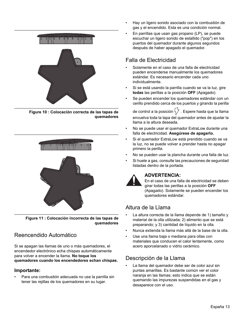 Reencendido automático, Importante, Falla de electricidad | Advertencia, Altura de la llama, Descripción de la llama | Thermador PRO-HARMONY PRL30 User Manual | Page 91 / 116