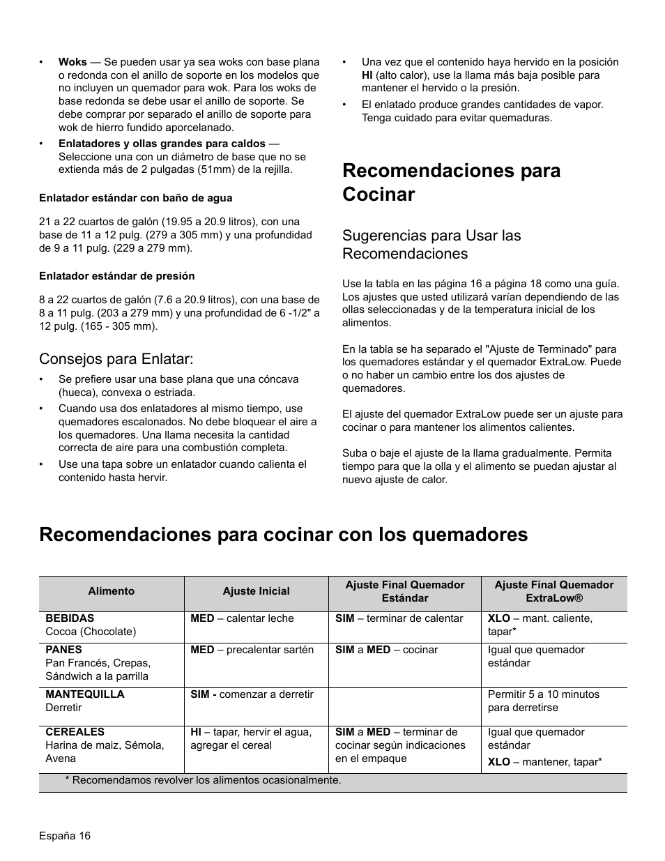 Enlatador estándar con baño de agua, Enlatador estándar de presión, Consejos para enlatar | Recomendaciones para cocinar, Sugerencias para usar las recomendaciones, Recomendaciones para cocinar con los quemadores | Thermador PRO-HARMONY PRL30 User Manual | Page 94 / 116