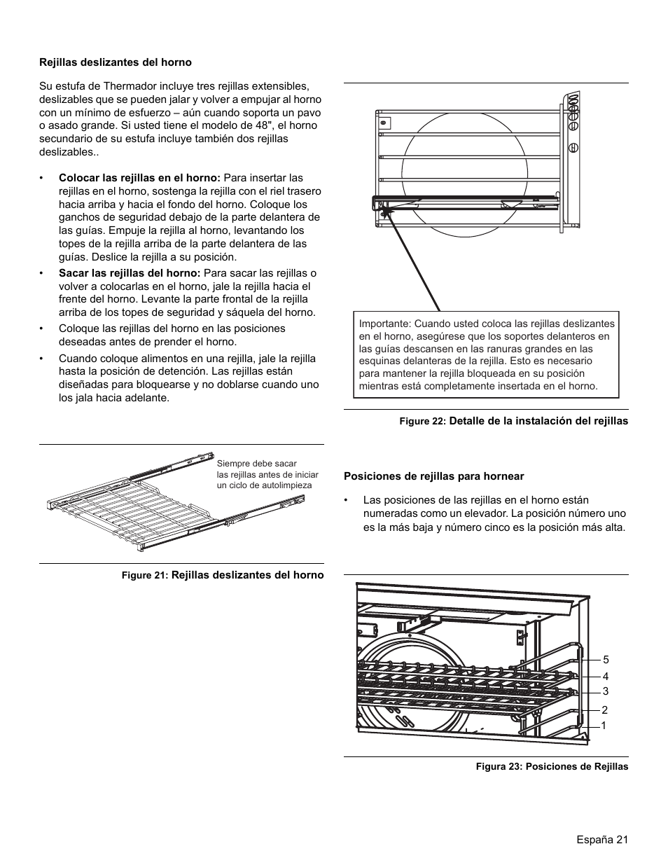 Rejillas deslizantes del horno, Figure 21: rejillas deslizantes del horno, Figure 22: detalle de la instalación del rejillas | Posiciones de rejillas para hornear, Figura 23: posiciones de rejillas | Thermador PRO-HARMONY PRL30 User Manual | Page 99 / 116