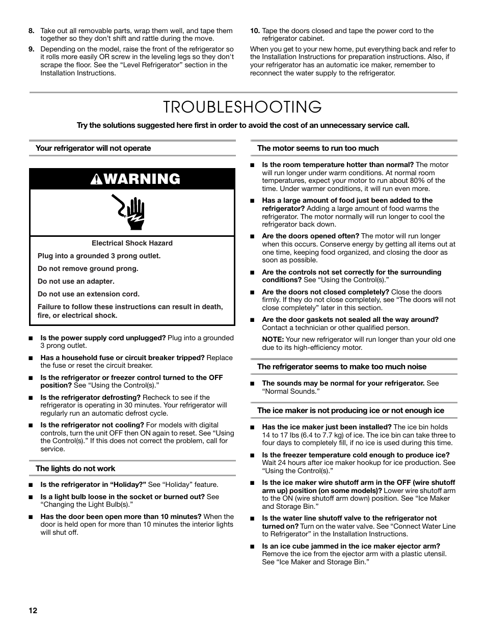 Troubleshooting, Warning | Thermador KBURT3665E User Manual | Page 12 / 48