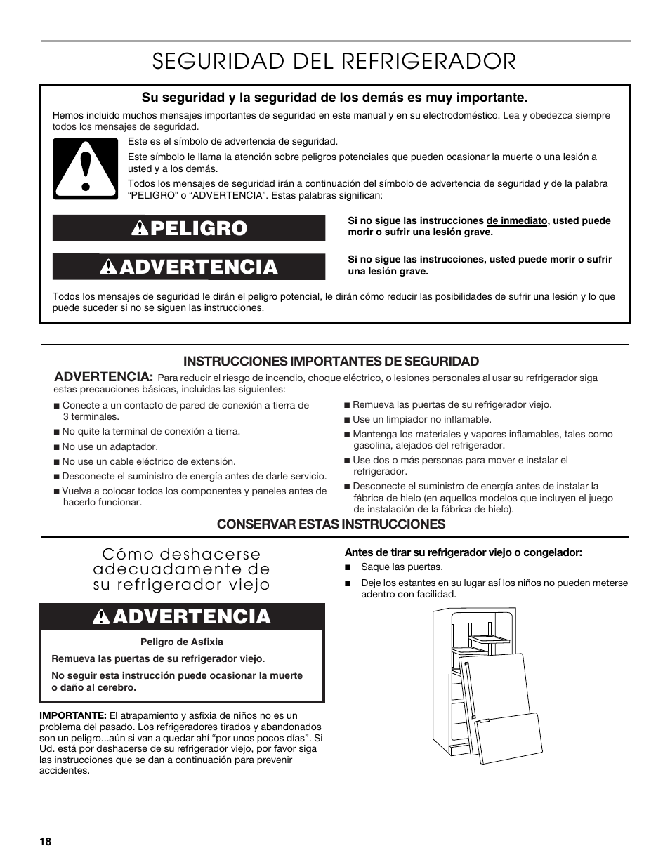 Seguridad del refrigerador, Advertencia peligro, Advertencia | Thermador KBURT3665E User Manual | Page 18 / 48