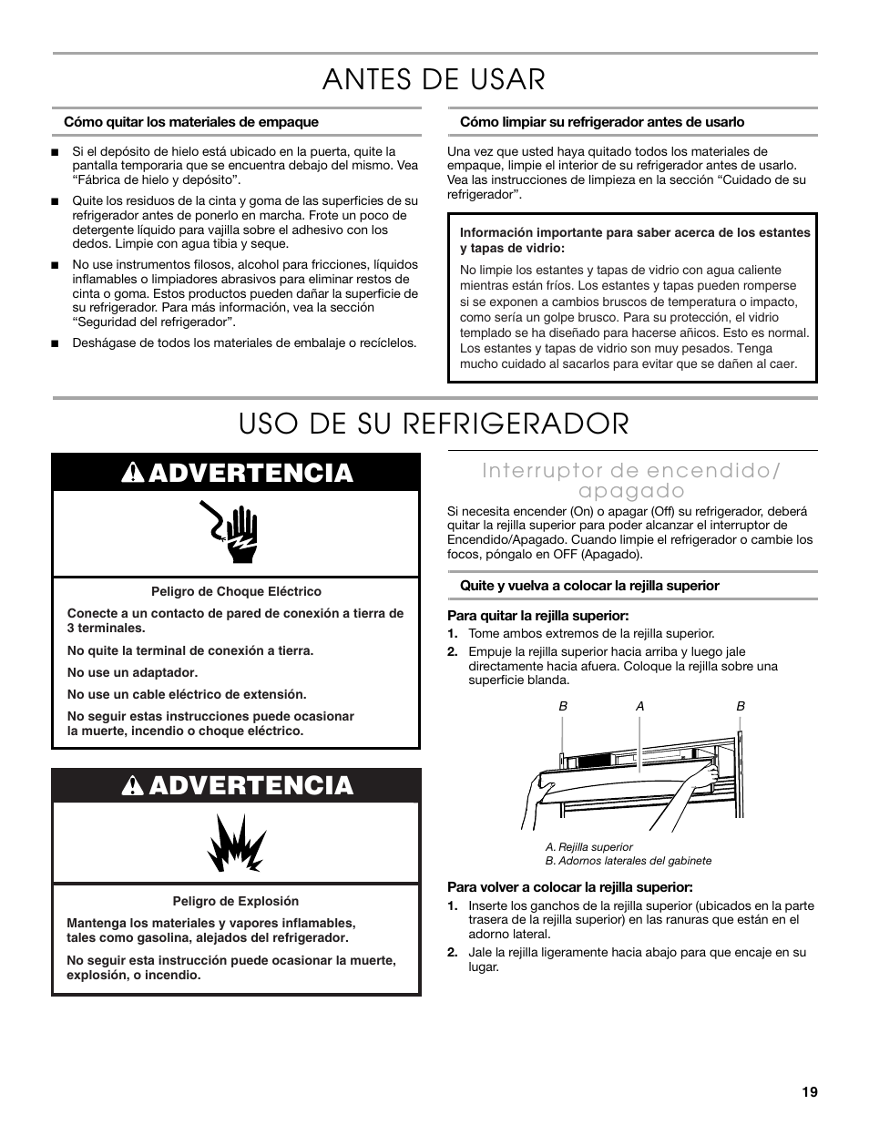 Antes de usar, Uso de su refrigerador, Advertencia | Thermador KBURT3665E User Manual | Page 19 / 48