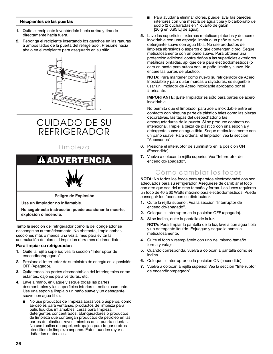 Cuidado de su refrigerador, Advertencia | Thermador KBURT3665E User Manual | Page 26 / 48