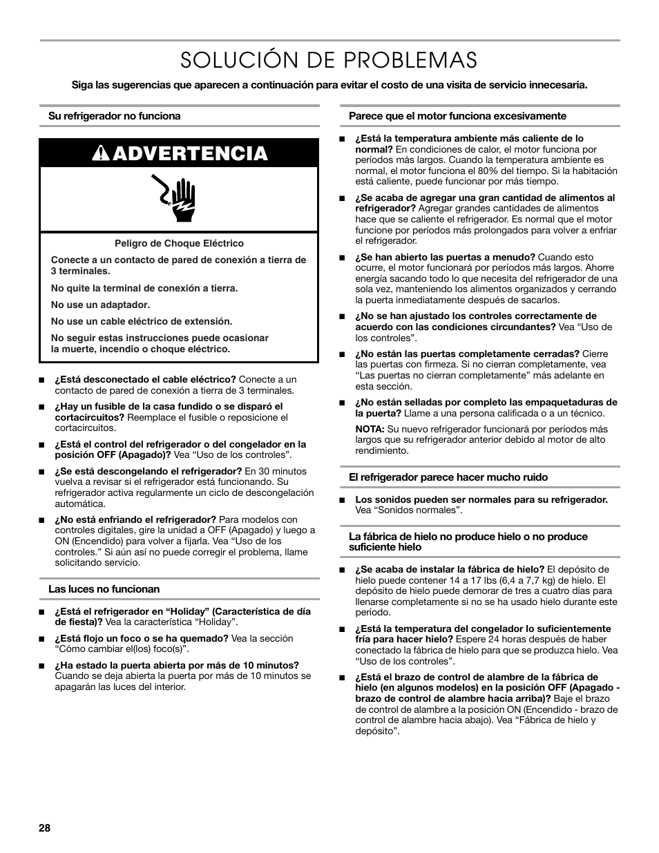 Solución de problemas, Advertencia | Thermador KBURT3665E User Manual | Page 28 / 48