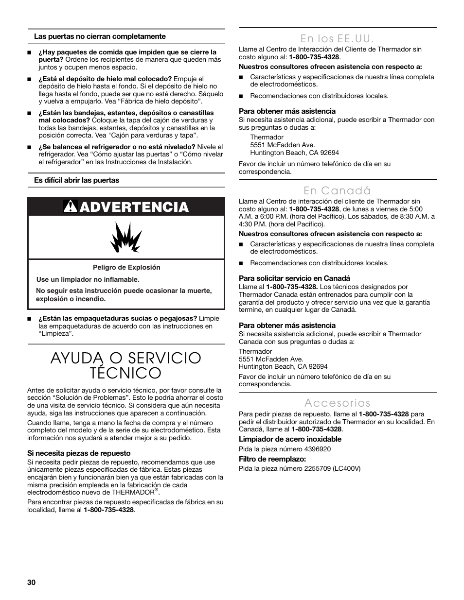 Ayuda o servicio técnico, Advertencia | Thermador KBURT3665E User Manual | Page 30 / 48