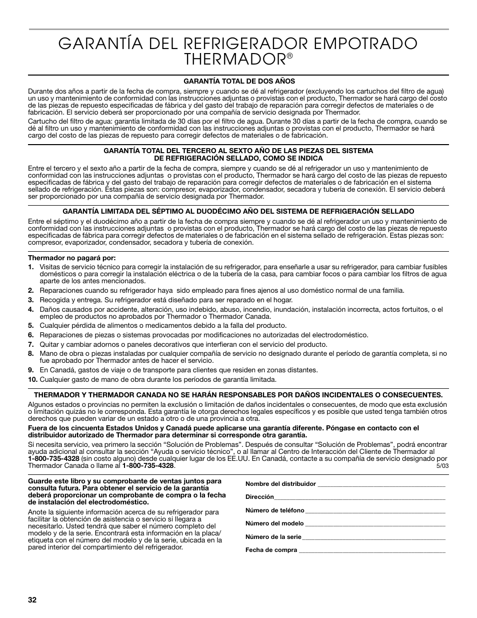 Garantía del refrigerador empotrado thermador | Thermador KBURT3665E User Manual | Page 32 / 48