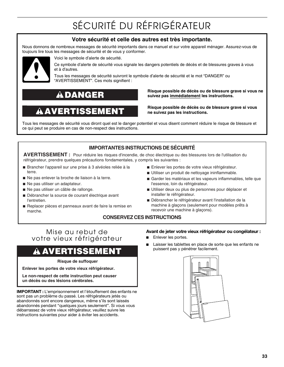 Sécurité du réfrigérateur, Avertissement danger, Avertissement | Thermador KBURT3665E User Manual | Page 33 / 48