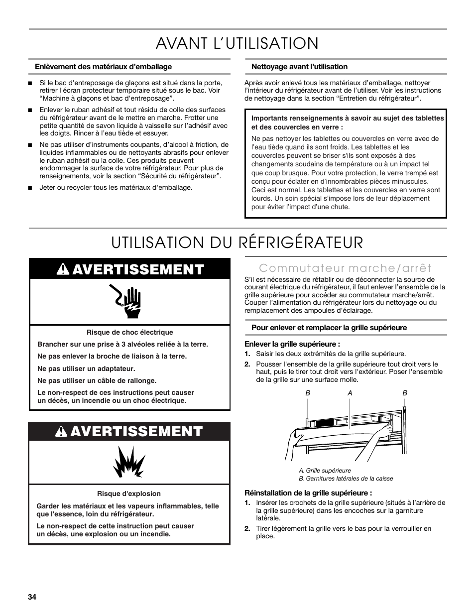 Avant l’utilisation, Utilisation du réfrigérateur, Avertissement | Thermador KBURT3665E User Manual | Page 34 / 48