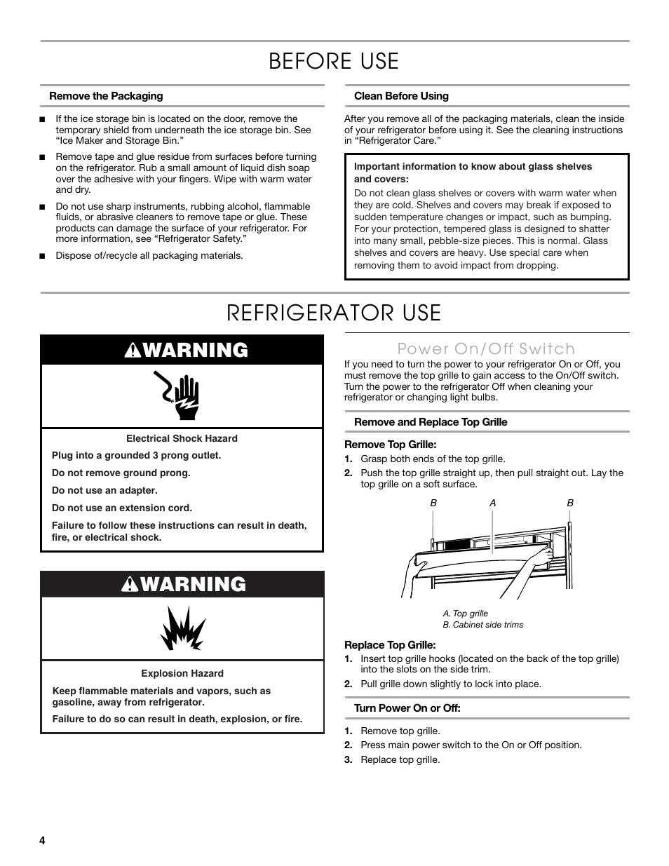 Before use, Refrigerator use, Warning | Thermador KBURT3665E User Manual | Page 4 / 48