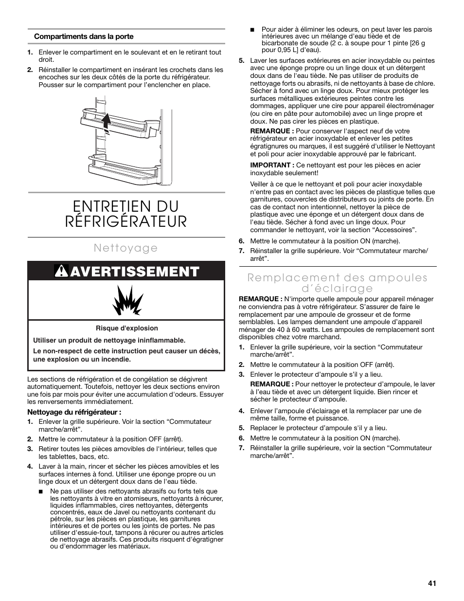 Entretien du réfrigérateur, Avertissement | Thermador KBURT3665E User Manual | Page 41 / 48