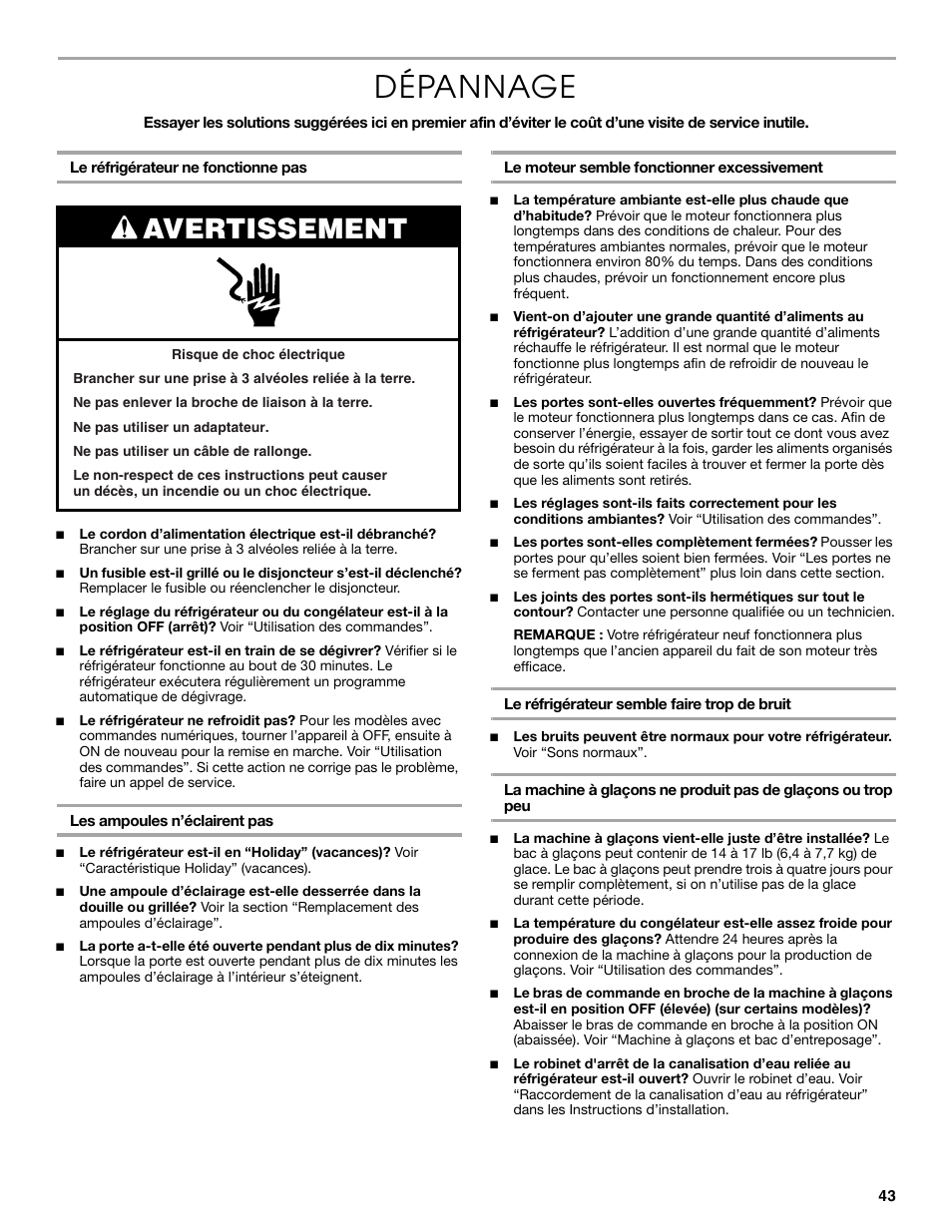 Dépannage, Avertissement | Thermador KBURT3665E User Manual | Page 43 / 48