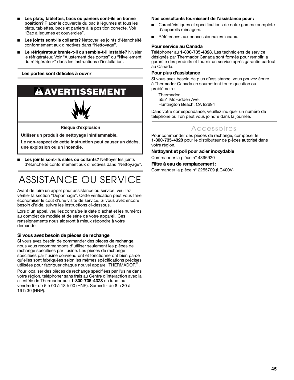 Assistance ou service, Avertissement | Thermador KBURT3665E User Manual | Page 45 / 48