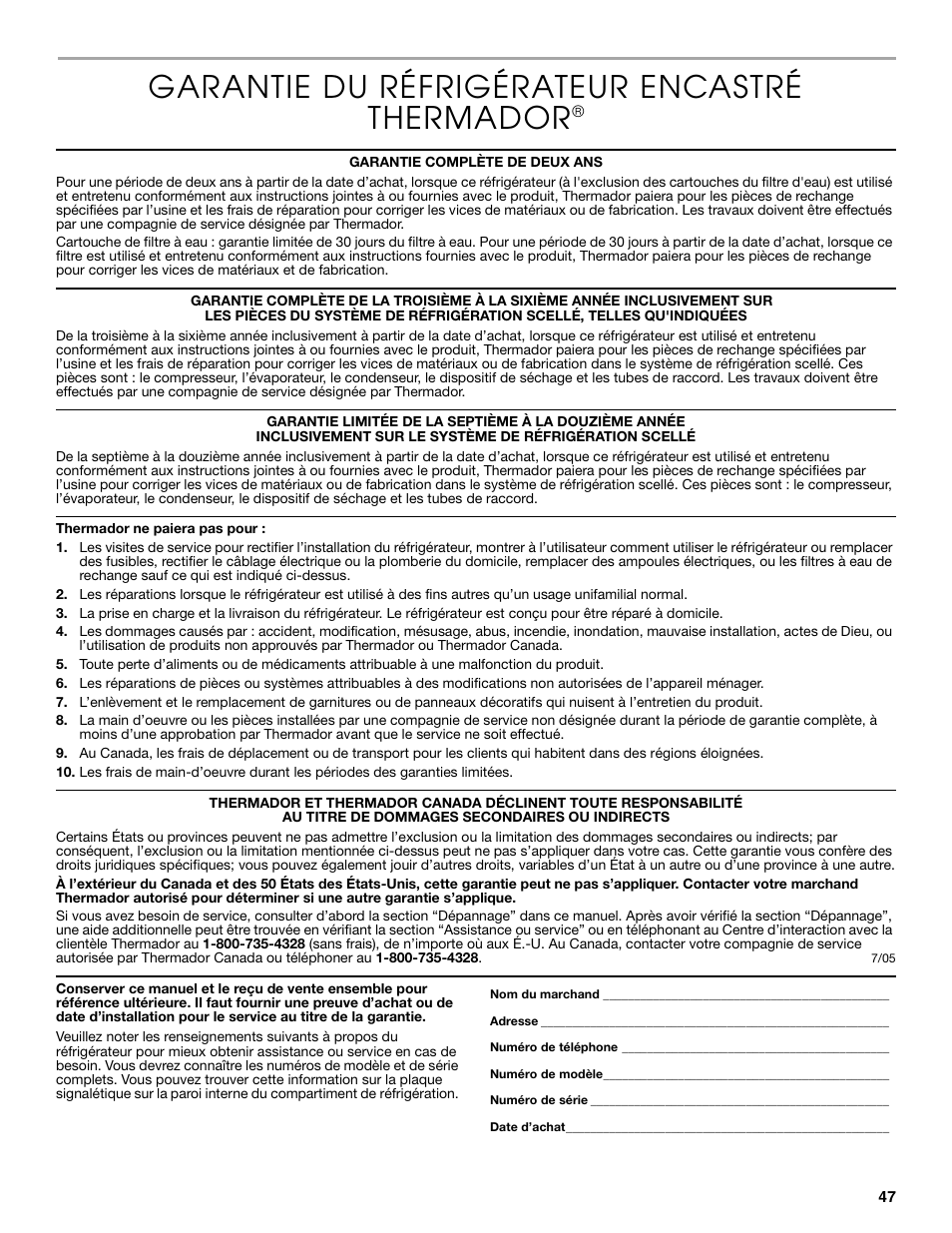 Garantie du réfrigérateur encastré thermador | Thermador KBURT3665E User Manual | Page 47 / 48