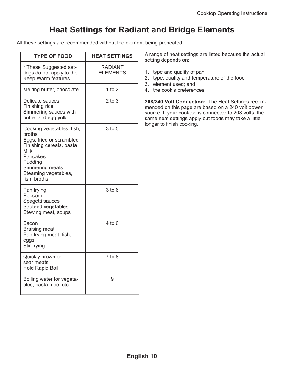 Heat settings for radiant and bridge elements | Thermador CEP User Manual | Page 14 / 56