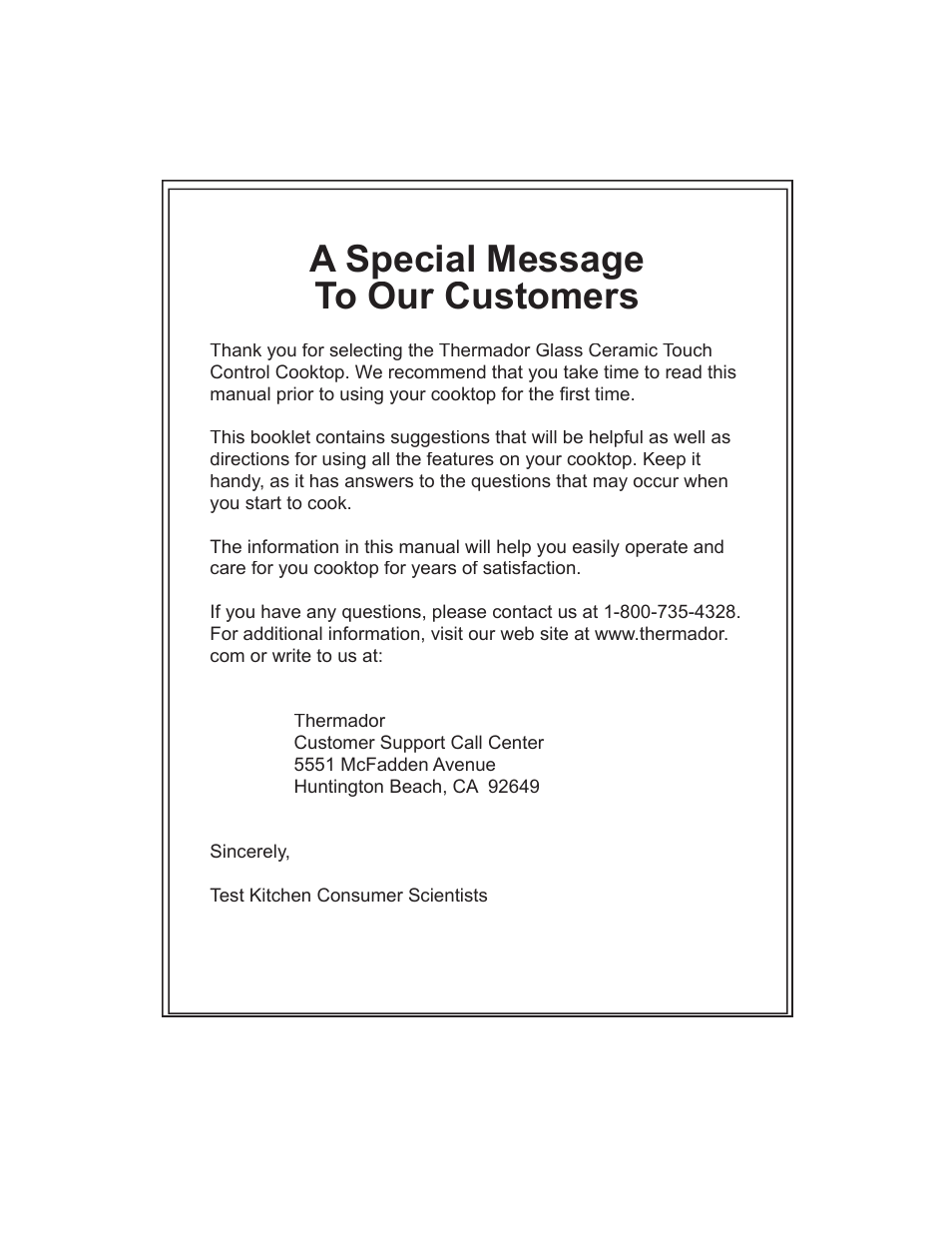 A special message to our customers | Thermador CEP User Manual | Page 2 / 56