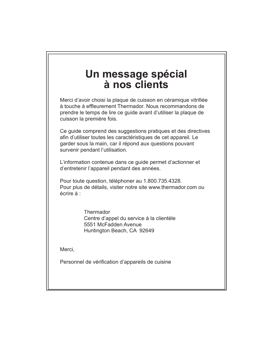 Un message spécial à nos clients | Thermador CEP User Manual | Page 20 / 56