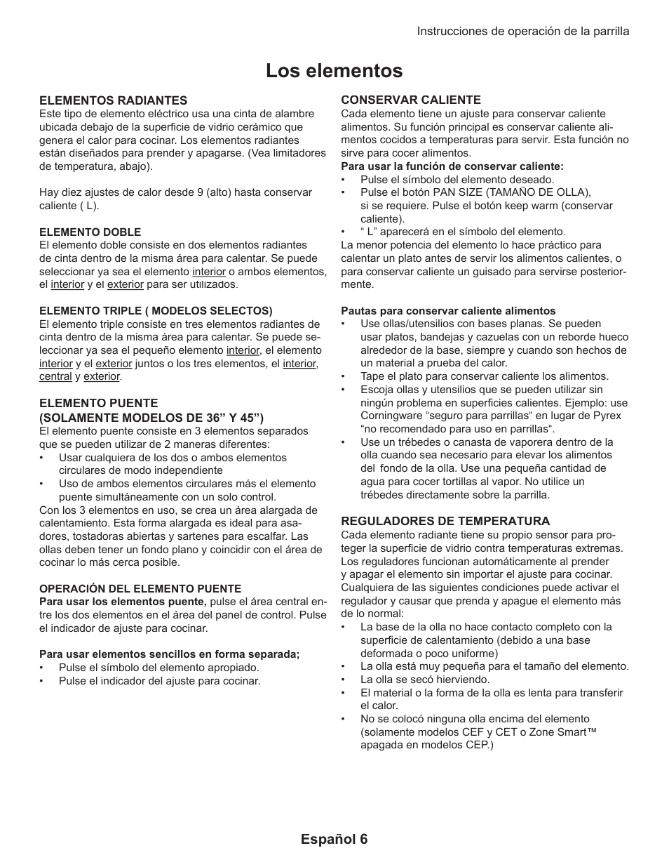 Los elementos, Español 6 | Thermador CEP User Manual | Page 46 / 56