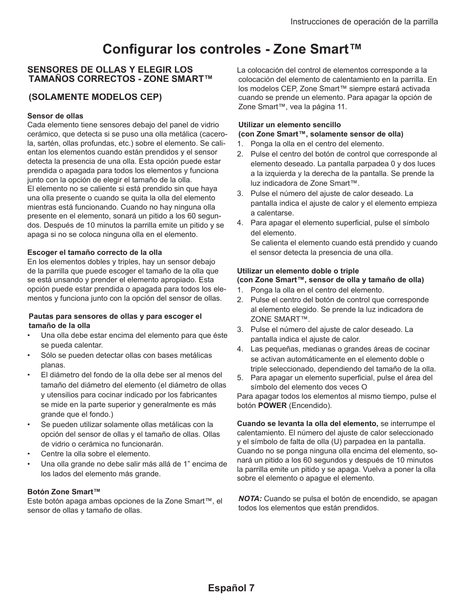 Conﬁ gurar los controles - zone smart, Español 7 | Thermador CEP User Manual | Page 47 / 56