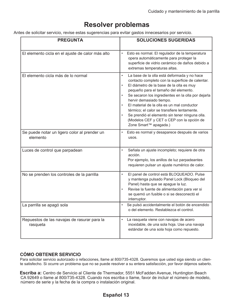Resolver problemas, Español 13 | Thermador CEP User Manual | Page 53 / 56