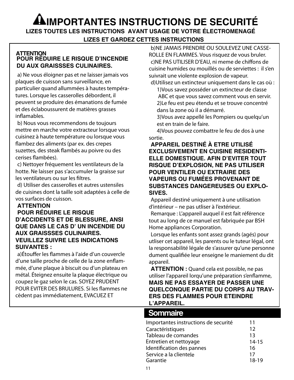 Importantes instructions de securité, Sommaire | Thermador HPWB30 User Manual | Page 11 / 28