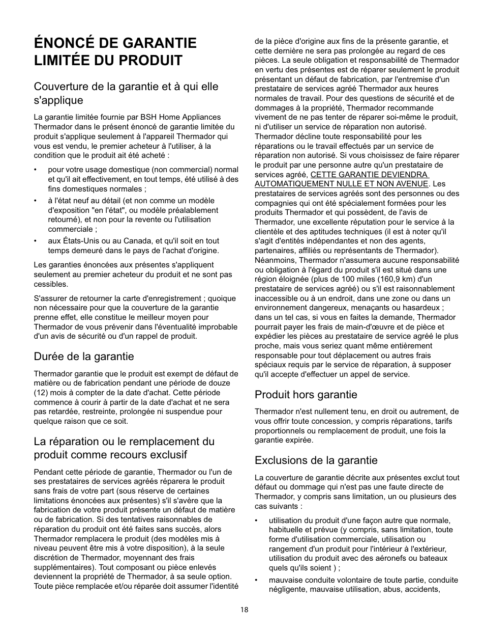 Énoncé de garantie limitée du produit, Couverture de la garantie et à qui elle s'applique, Durée de la garantie | Produit hors garantie, Exclusions de la garantie | Thermador HPWB30 User Manual | Page 18 / 28