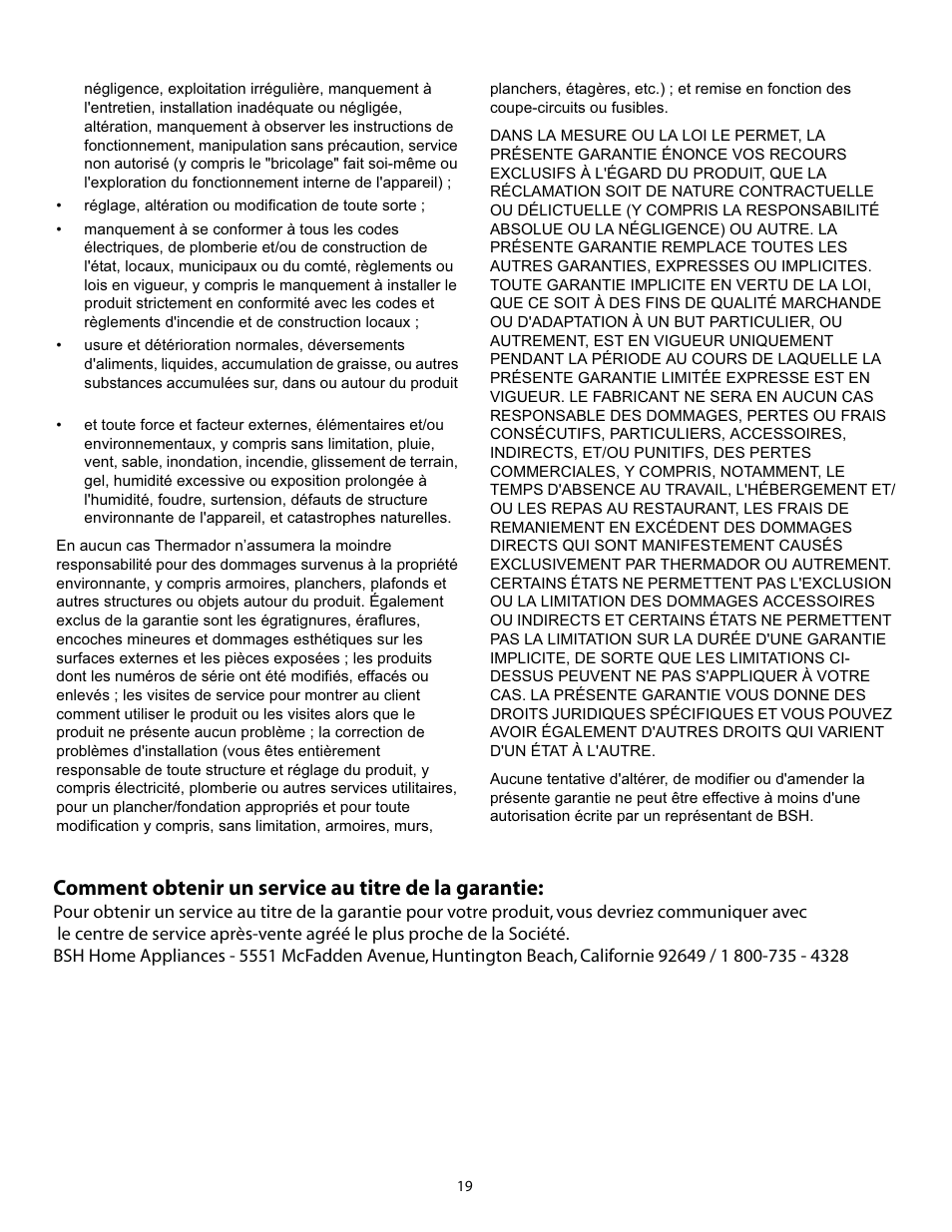 Comment obtenir un service au titre de la garantie | Thermador HPWB30 User Manual | Page 19 / 28