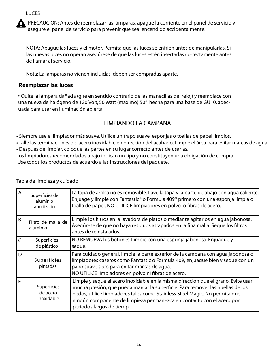 Limpiando la campana | Thermador HPWB30 User Manual | Page 24 / 28