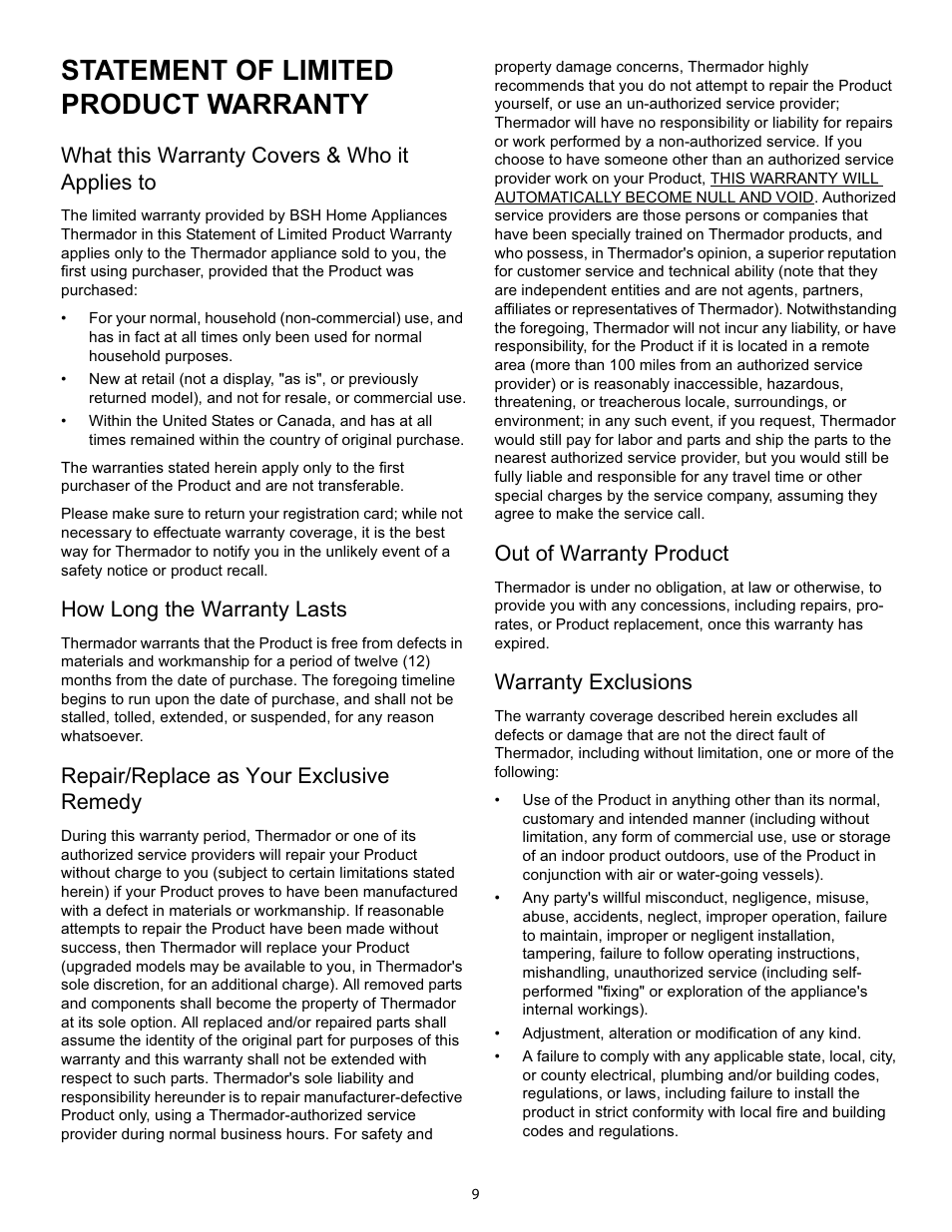 Statement of limited product warranty, What this warranty covers & who it applies to, How long the warranty lasts | Repair/replace as your exclusive remedy, Out of warranty product, Warranty exclusions | Thermador HPWB30 User Manual | Page 9 / 28