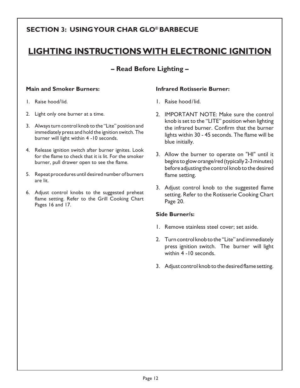 Lighting instructions with electronic ignition | Thermador Char Glo Outdoor Barbecues CGB48FZLP User Manual | Page 14 / 28