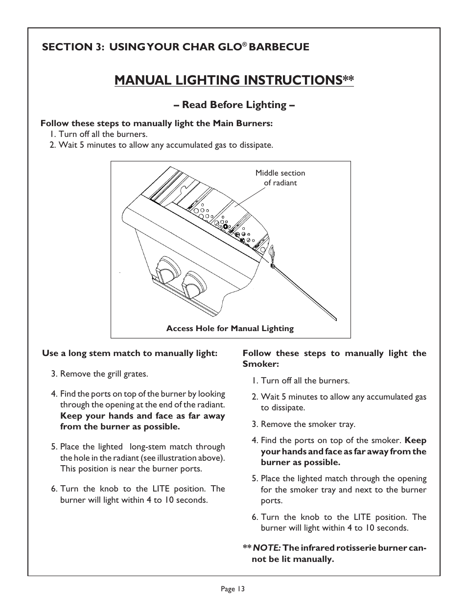 Manual lighting instructions | Thermador Char Glo Outdoor Barbecues CGB48FZLP User Manual | Page 15 / 28