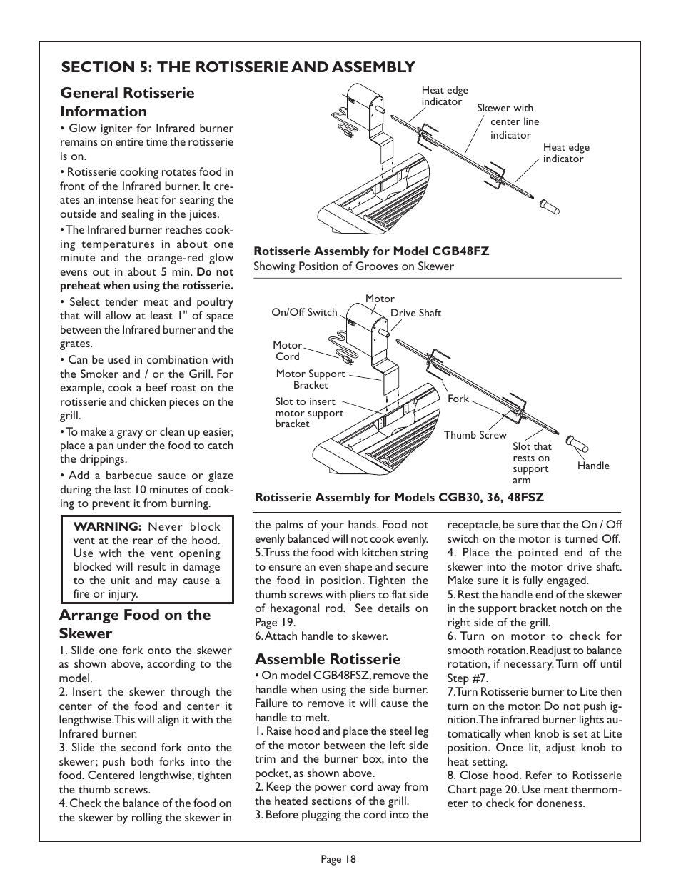 General rotisserie information, Assemble rotisserie | Thermador Char Glo Outdoor Barbecues CGB48FZLP User Manual | Page 20 / 28