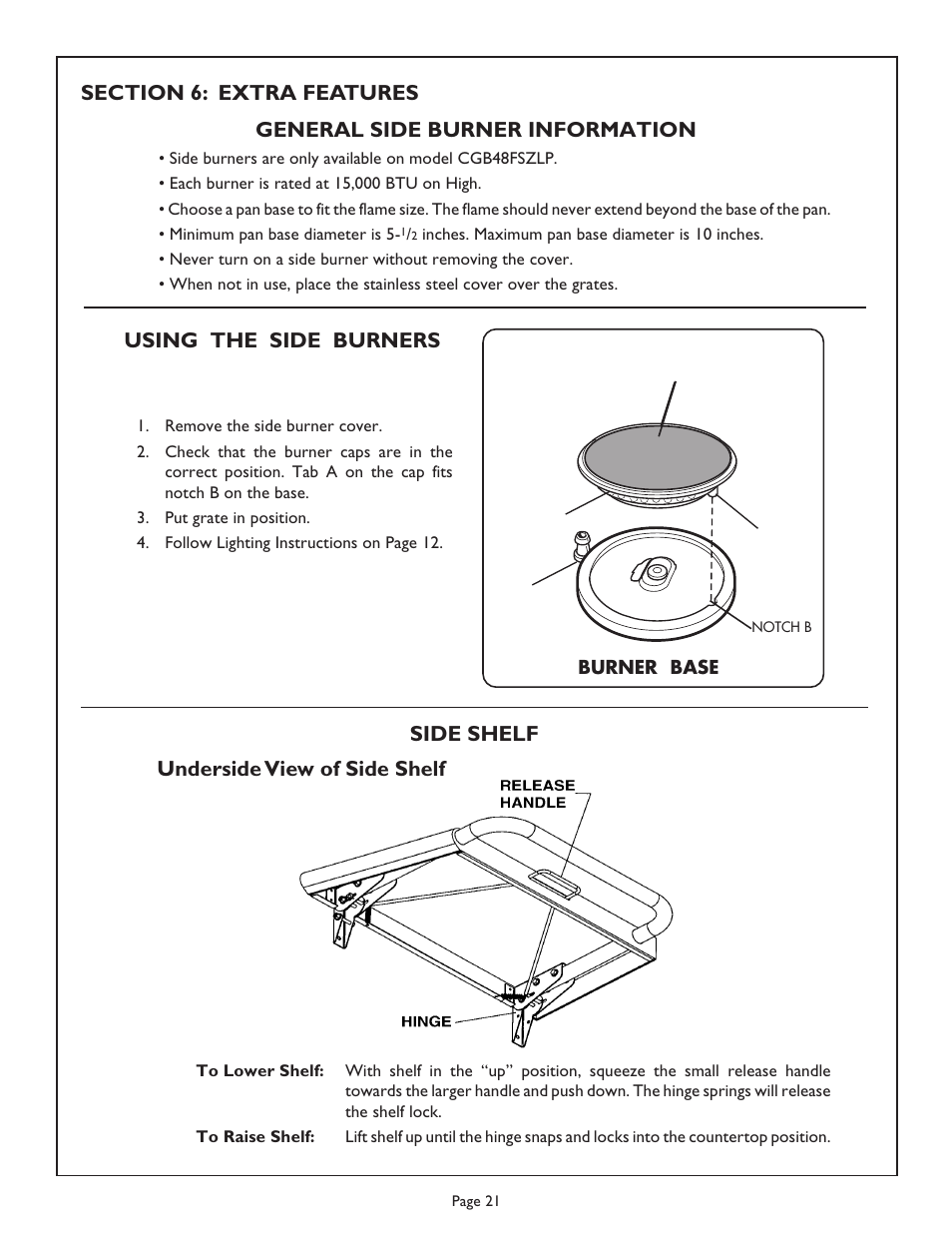 General side burner information, Side shelf underside view of side shelf | Thermador Char Glo Outdoor Barbecues CGB48FZLP User Manual | Page 23 / 28