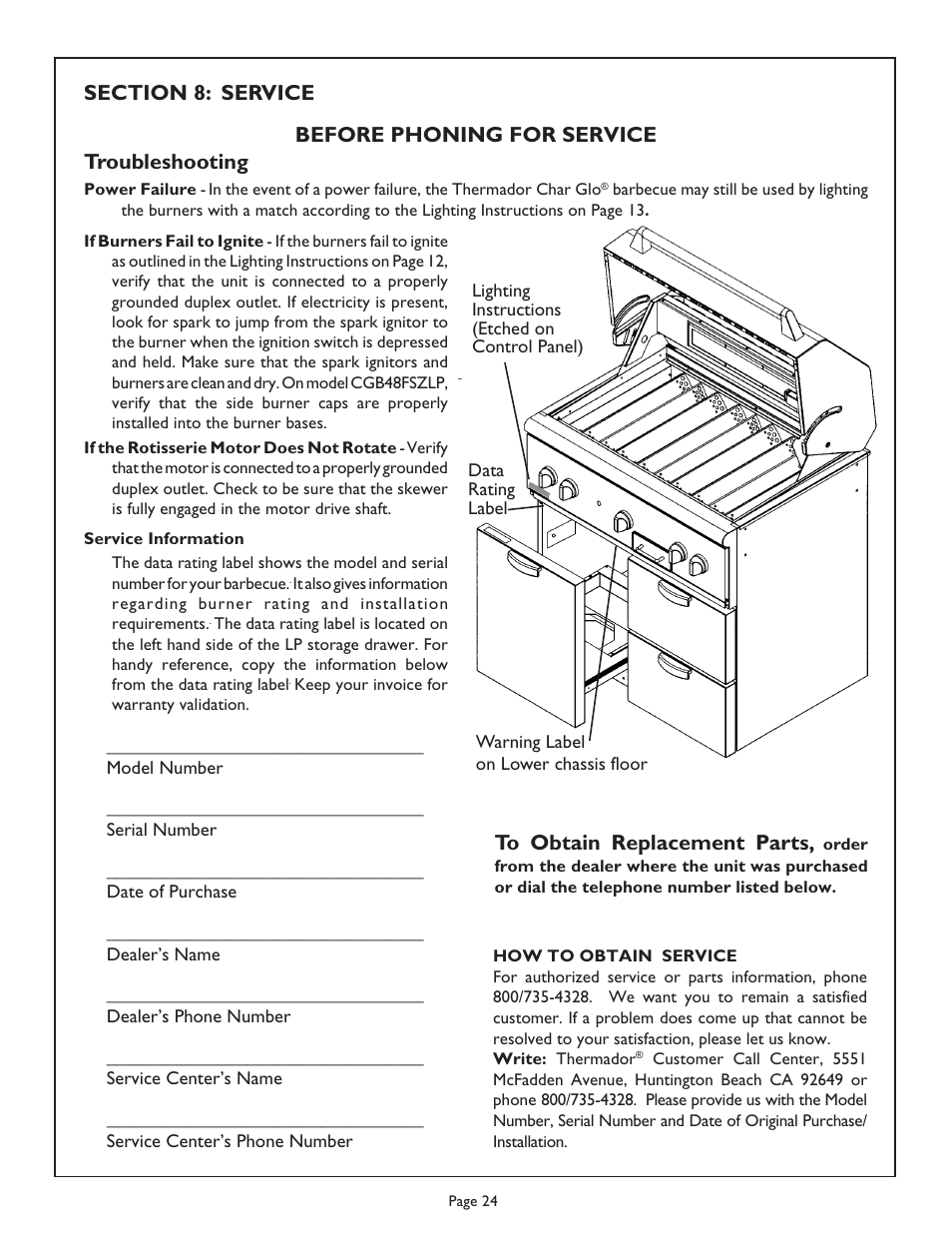 Before phoning for service troubleshooting | Thermador Char Glo Outdoor Barbecues CGB48FZLP User Manual | Page 26 / 28