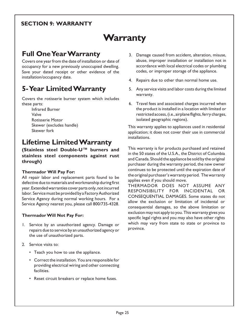 Warranty, Full one year warranty, Year limited warranty | Lifetime limited warranty | Thermador Char Glo Outdoor Barbecues CGB48FZLP User Manual | Page 27 / 28