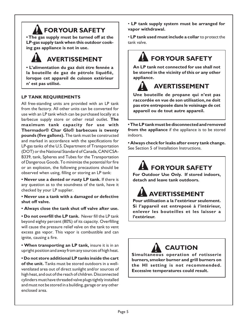 For your safety, Avertissement, Caution | Thermador Char Glo Outdoor Barbecues CGB48FZLP User Manual | Page 7 / 28