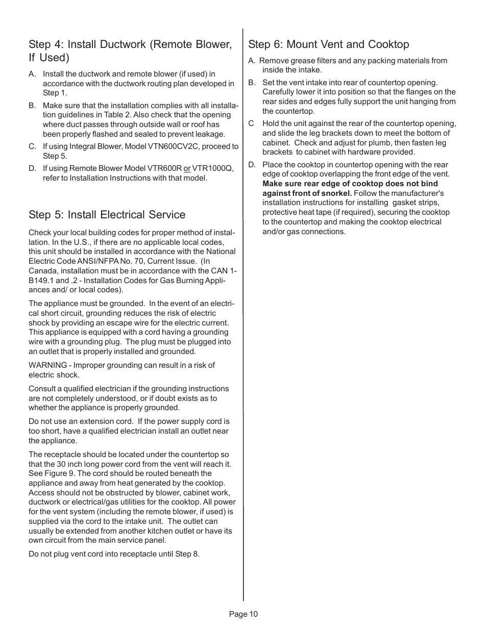 Step 4: install ductwork (remote blower, if used), Step 5: install electrical service, Step 6: mount vent and cooktop | Thermador CVS2 User Manual | Page 12 / 42