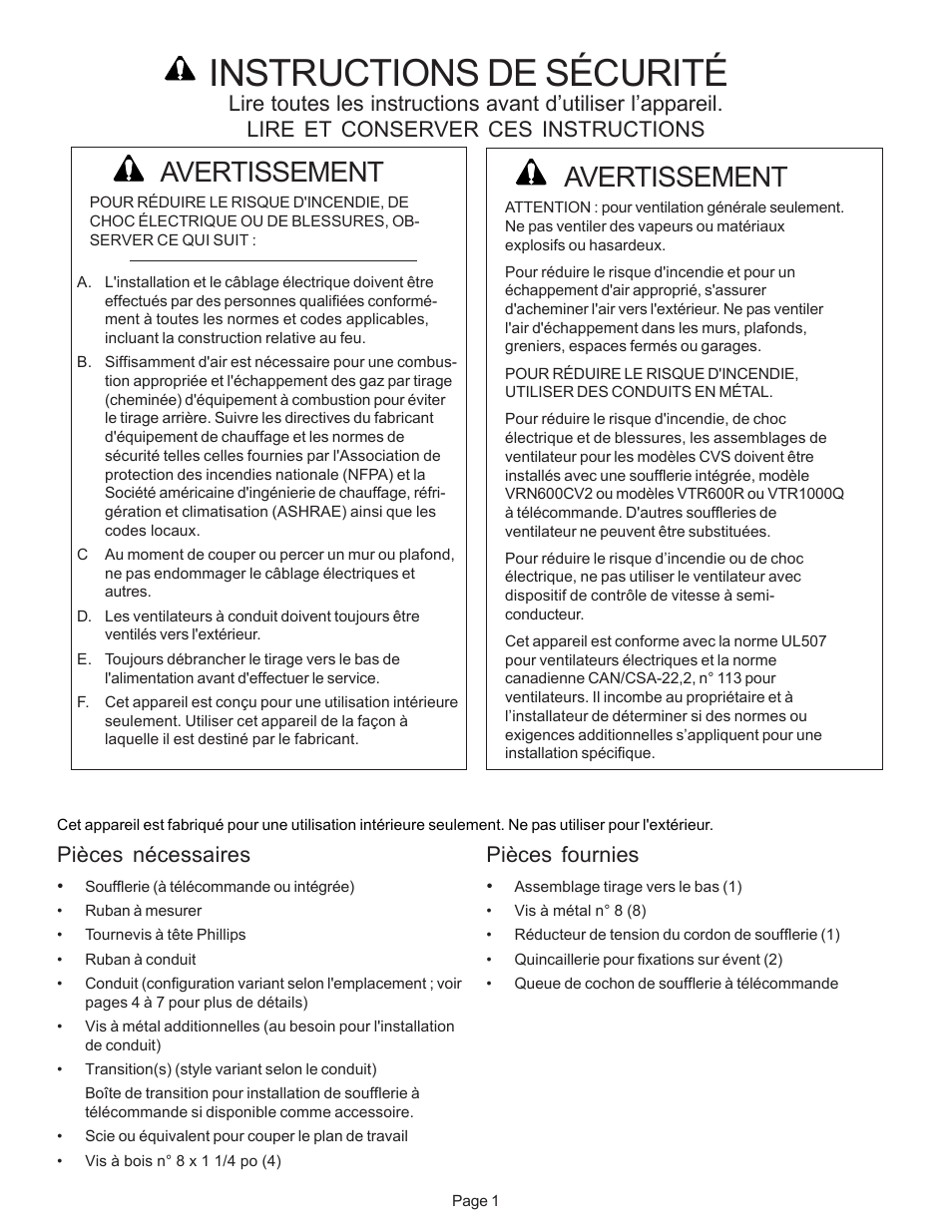 Instructions de sécurité, Avertissement, Pièces nécessaires | Pièces fournies | Thermador CVS2 User Manual | Page 16 / 42